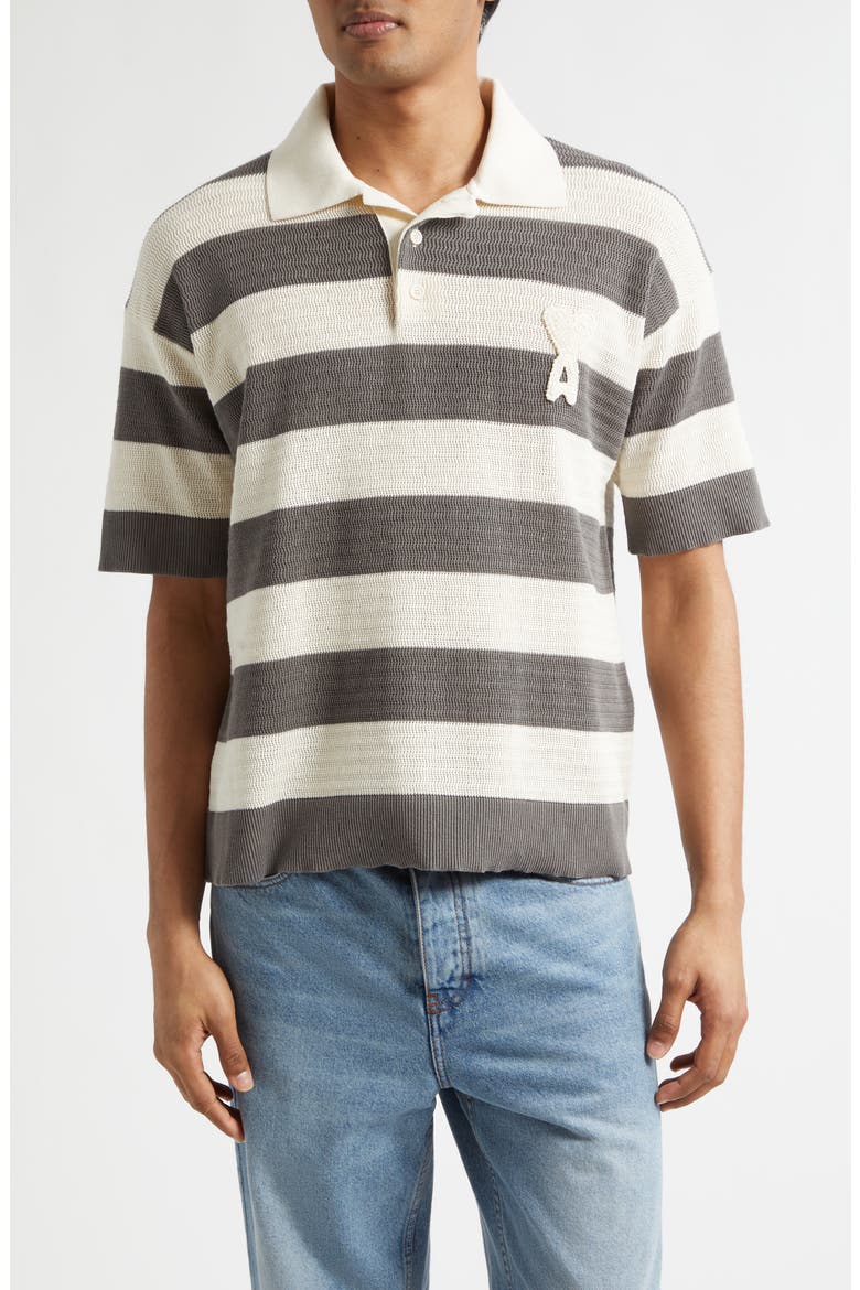 Ami de Coeur Monogram Stripe Openwork Cotton Polo, Main, color, BLANC CREME/ CARBONE
