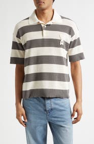 AMI PARIS Ami de Coeur Monogram Stripe Openwork Cotton Polo