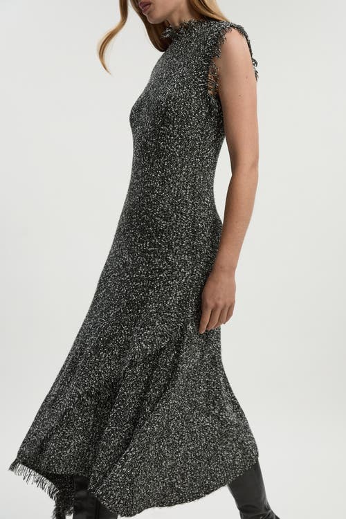 Karen Millen Tweed Yarn Fringe Trim Knitted Dress In Black