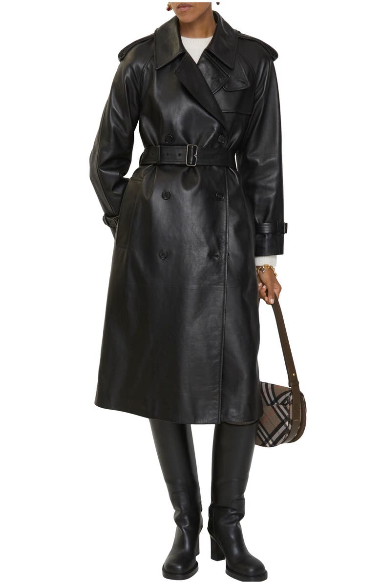 Burberry Long Leather Castleford Trench Coat, Main, color, Black