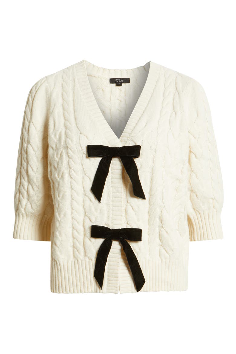 Clarissa Velvet Bow Cotton & Merino Wool Blend Cable Sweater, Alternate, color, IVORY CABLES