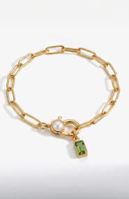 Mint & Lily Paperclip Bracelet with Pearl Accent with Dainty Baguette Birthstone Charm