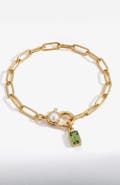 Mint & Lily Paperclip Bracelet with Pearl Accent with Dainty Baguette Birthstone Charm