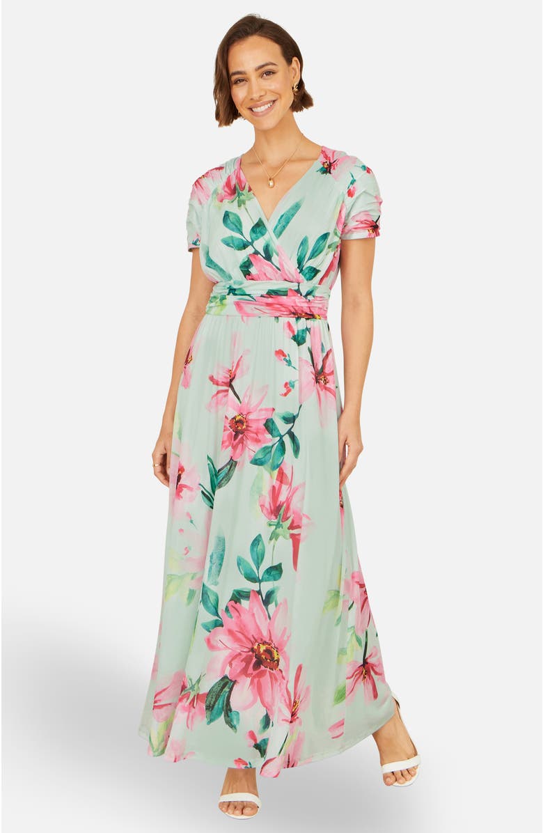 Yumi Mesh Floral Maxi Dress, Main, color, Mint Green