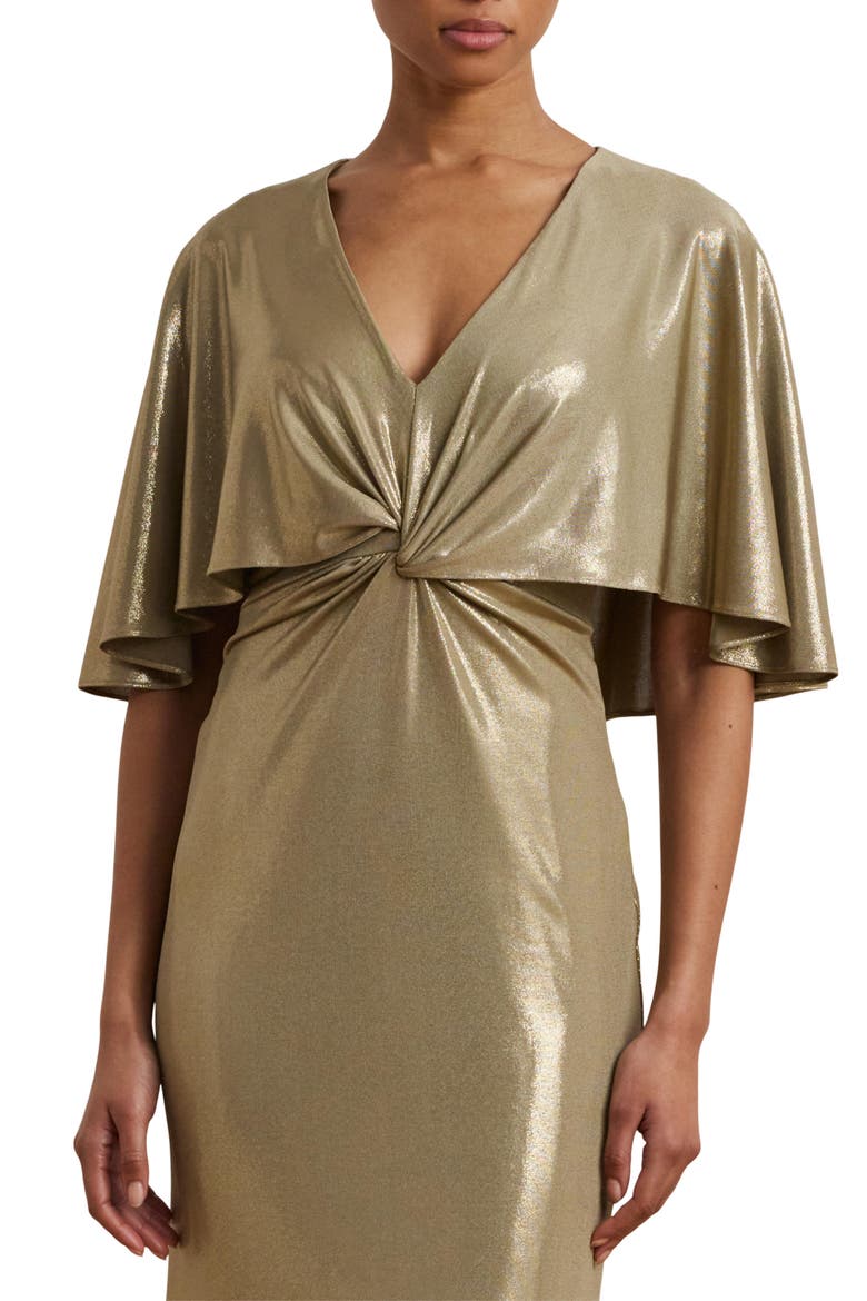 Metallic Cape Overlay Jersey Column Gown, Alternate, color, MEDIUM PEWTER/ GOLD FOIL