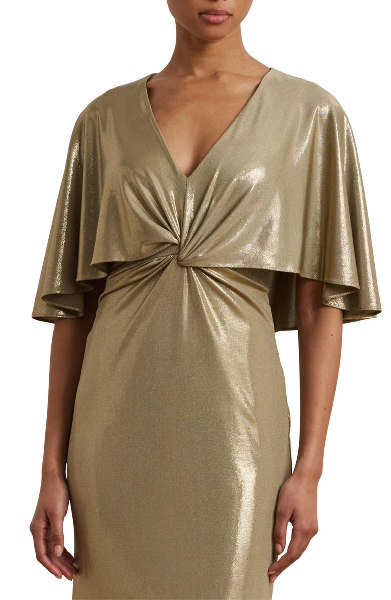 Lauren Ralph Lauren Metallic Cape Overlay Jersey Column Gown, Alternate, color, Medium Pewter/ Gold Foil