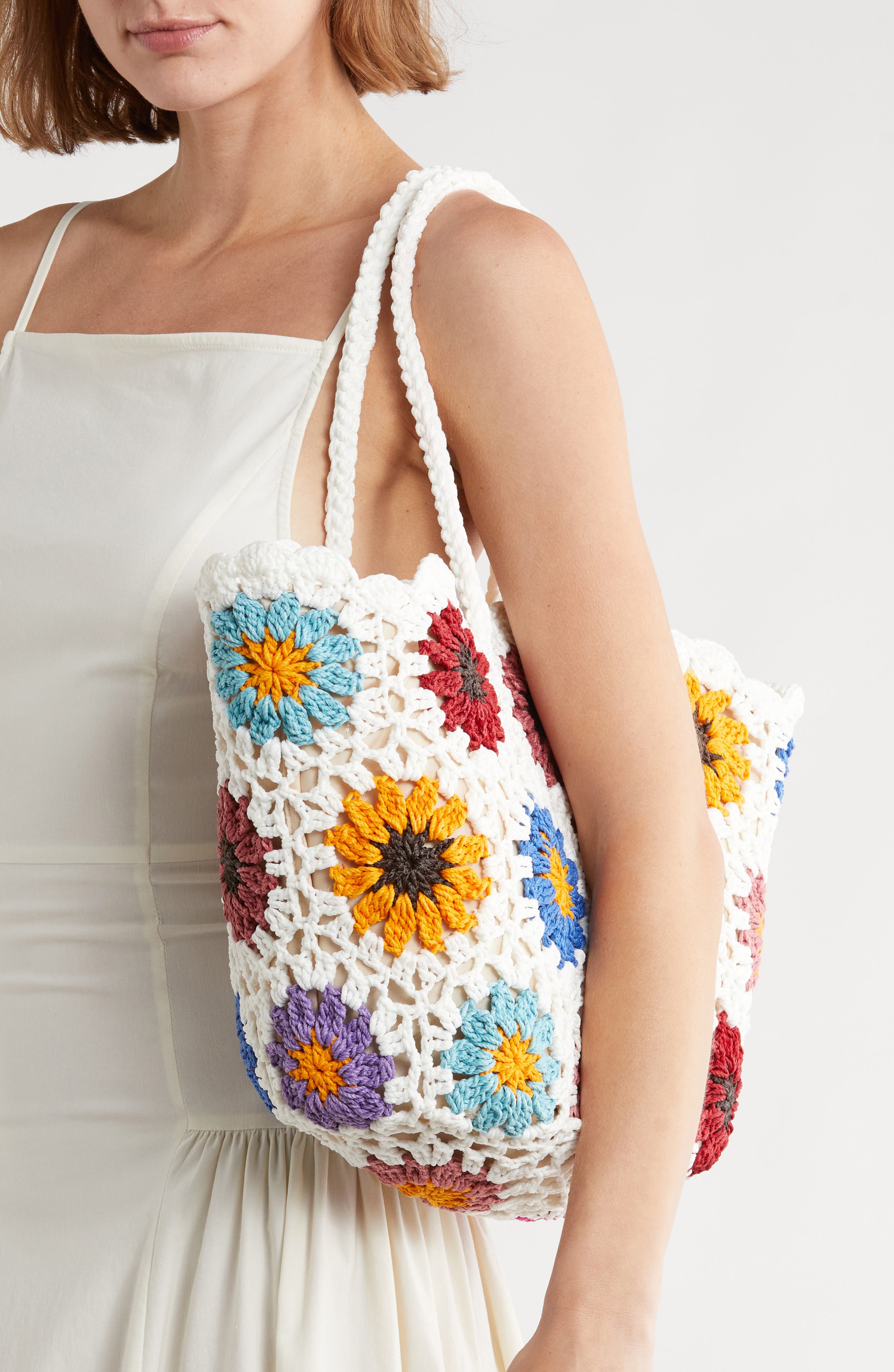 NATASHA Crochet Flower Tote Bag, Alternate, color, White/ Multi