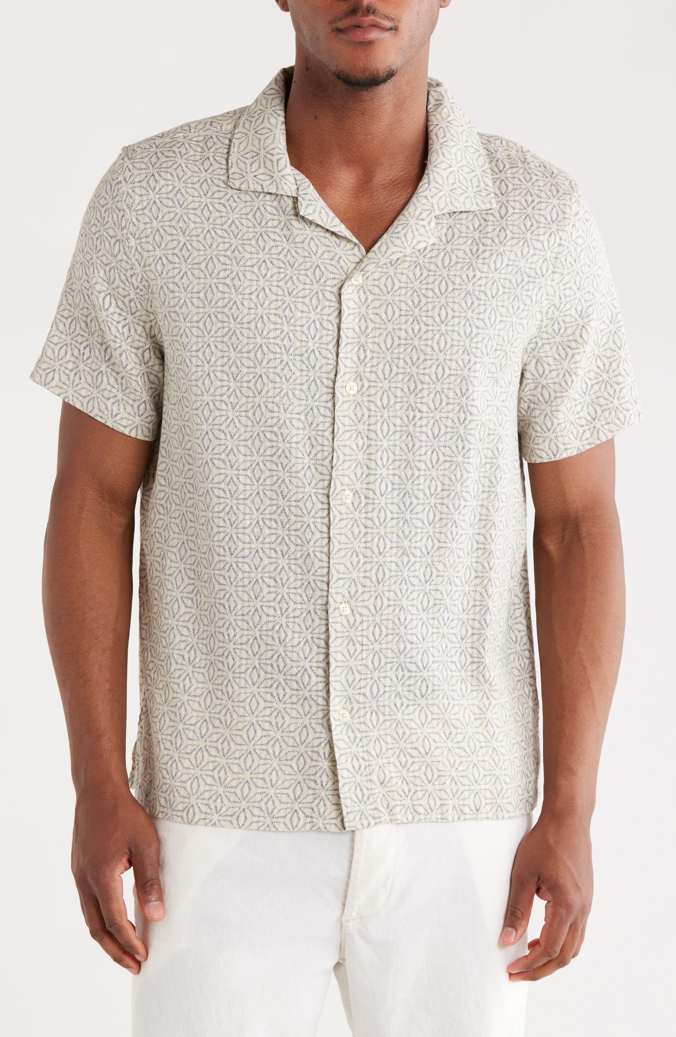 FOR THE REPUBLIC Geo Print Cotton & Linen Camp Shirt
