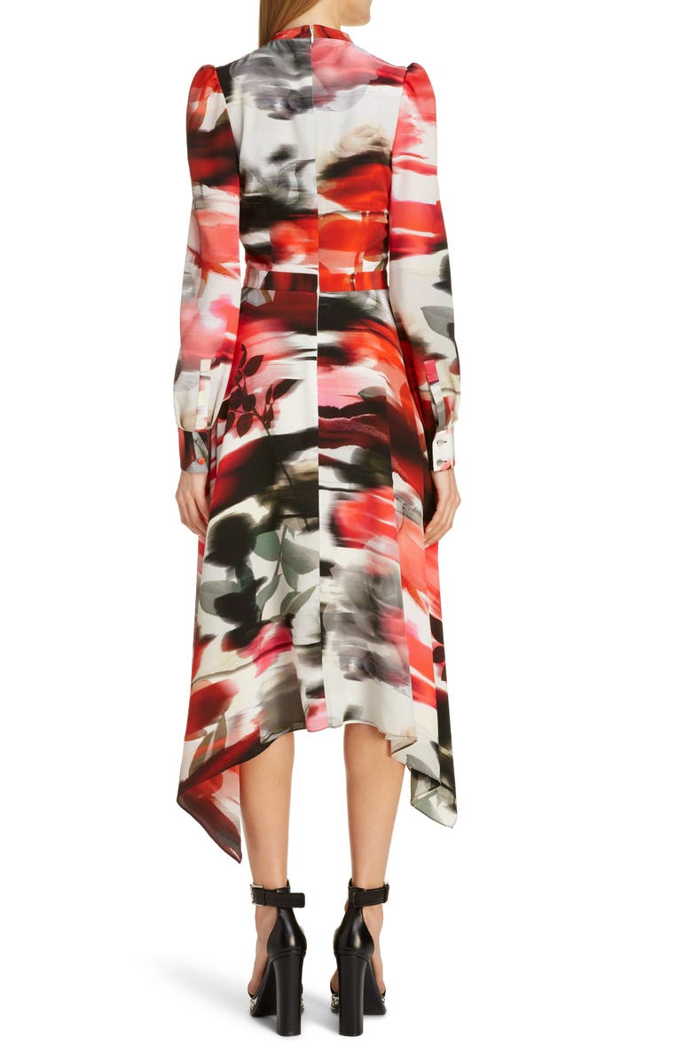 McQueen Alexander McQueen Rose Print Silk Asymmetrical Long Sleeve Dress, Alternate, color,