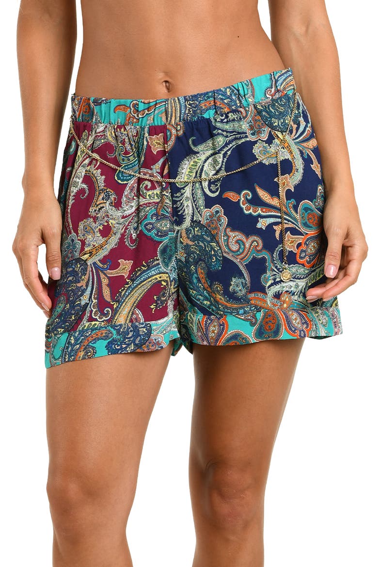 Bessarabian Paisley Cover-Up Shorts, Alternate, color, BLUE/ GREEN MULTI