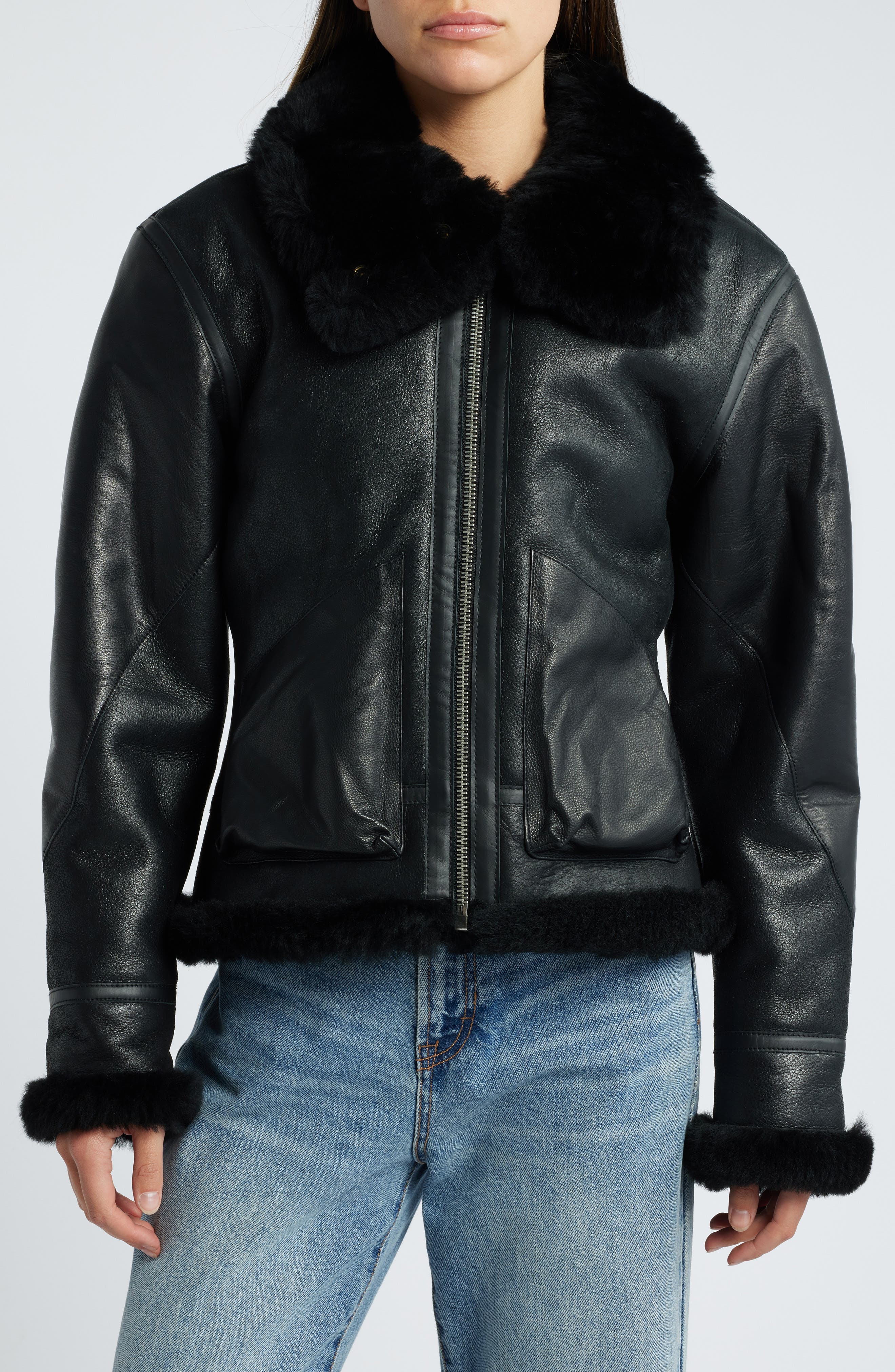 B-3 Genuine Shearling Lined Leather Bomber Jacket