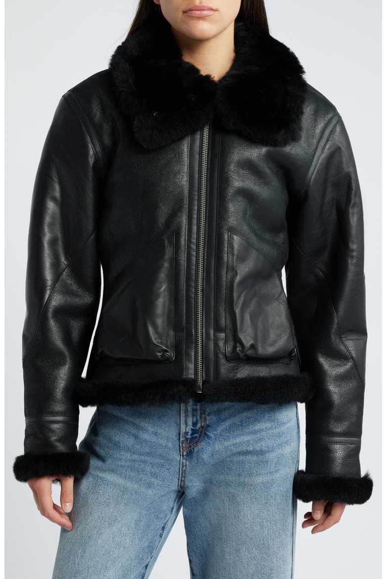 B-3 Genuine Shearling Lined Leather Bomber Jacket, Main, color, EBONY