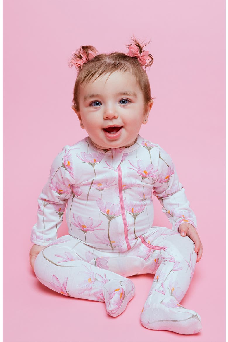 Organic Cotton Zip Footie in Pink Petals, Alternate, color, WHITE/ PINK