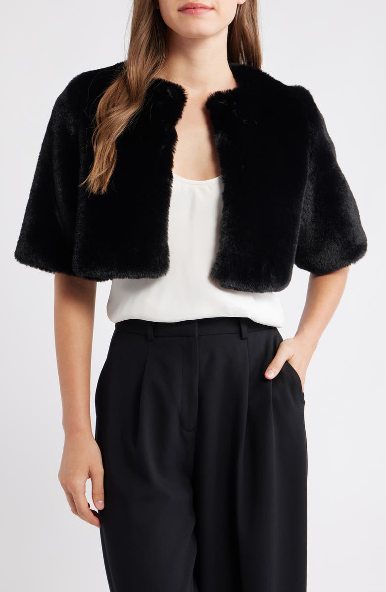 Anne Klein Short Sleeve Faux Fur Shrug, Main, color, Anne Black