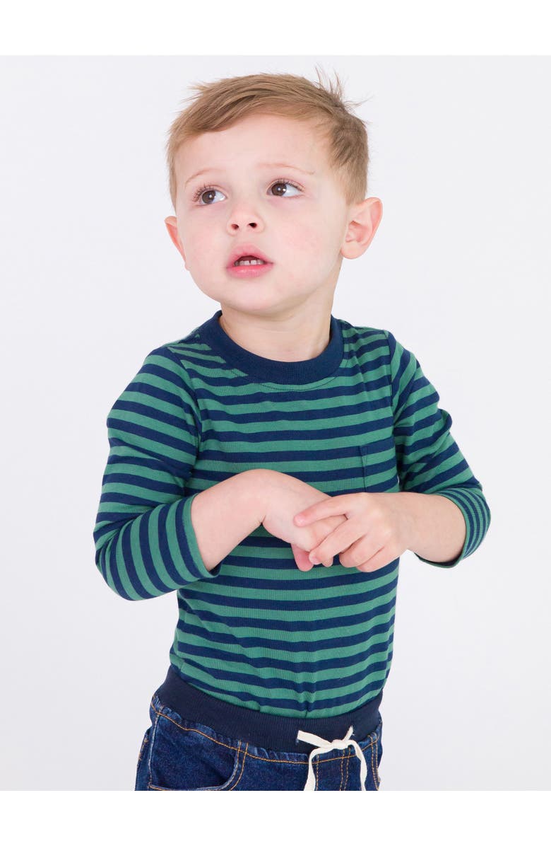 RuggedButts Baby Boys Crew Neck Pocket Bodysuit, Alternate, color, Fir Green & Navy Stripe