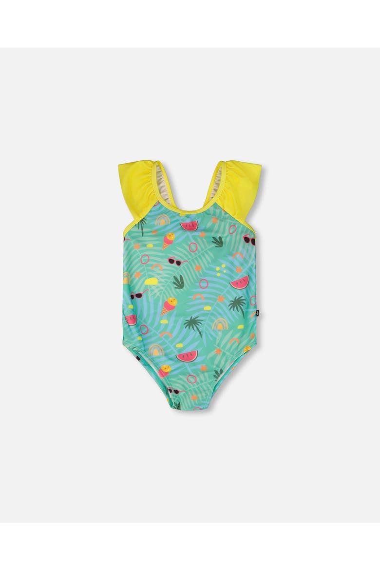 One-Piece Ruffle Beach Swimsuit, Main, color, Green Beach Print