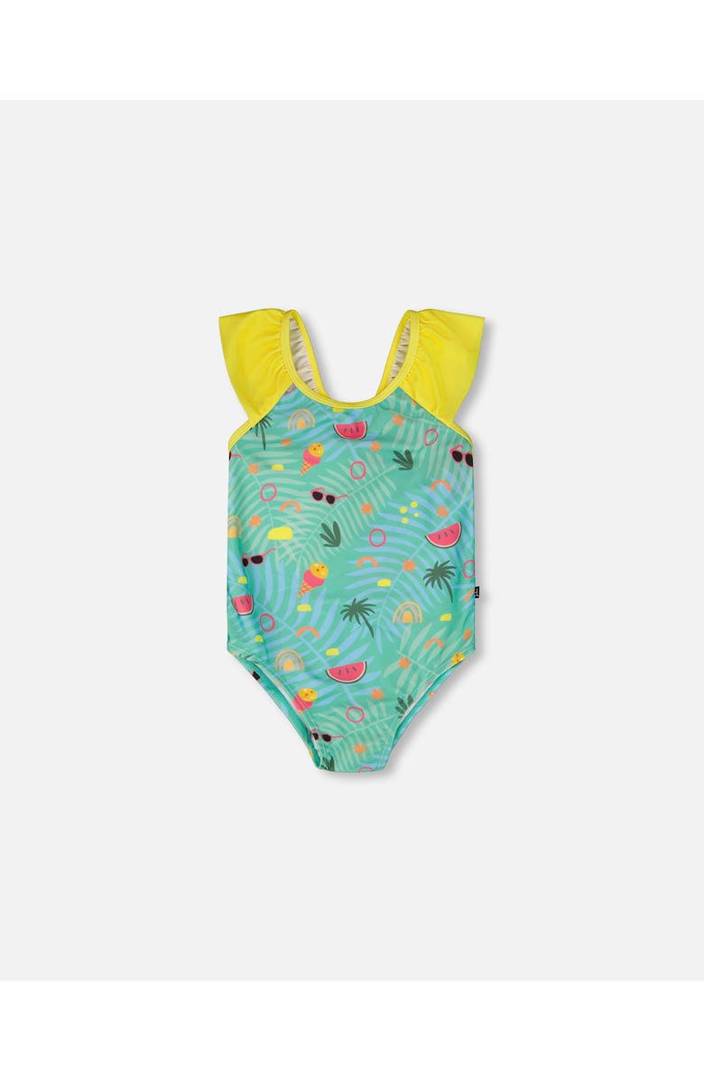 Deux par Deux One-Piece Ruffle Beach Swimsuit, Main, color, Green Beach Print