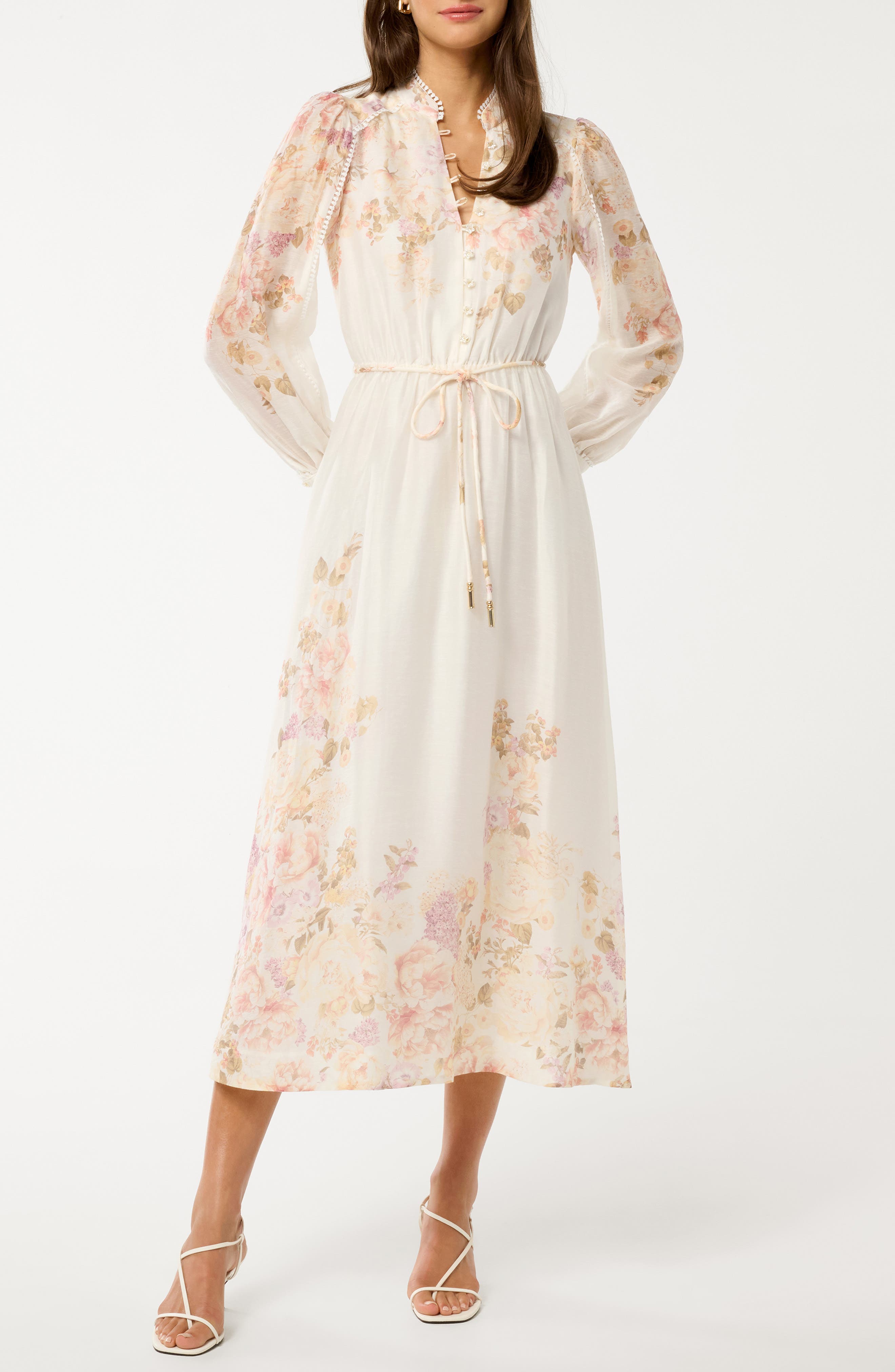 placed floral long sleeve midi dress ever new EVER NEW Placed Floral Long Sleeve Midi Dress in Natural