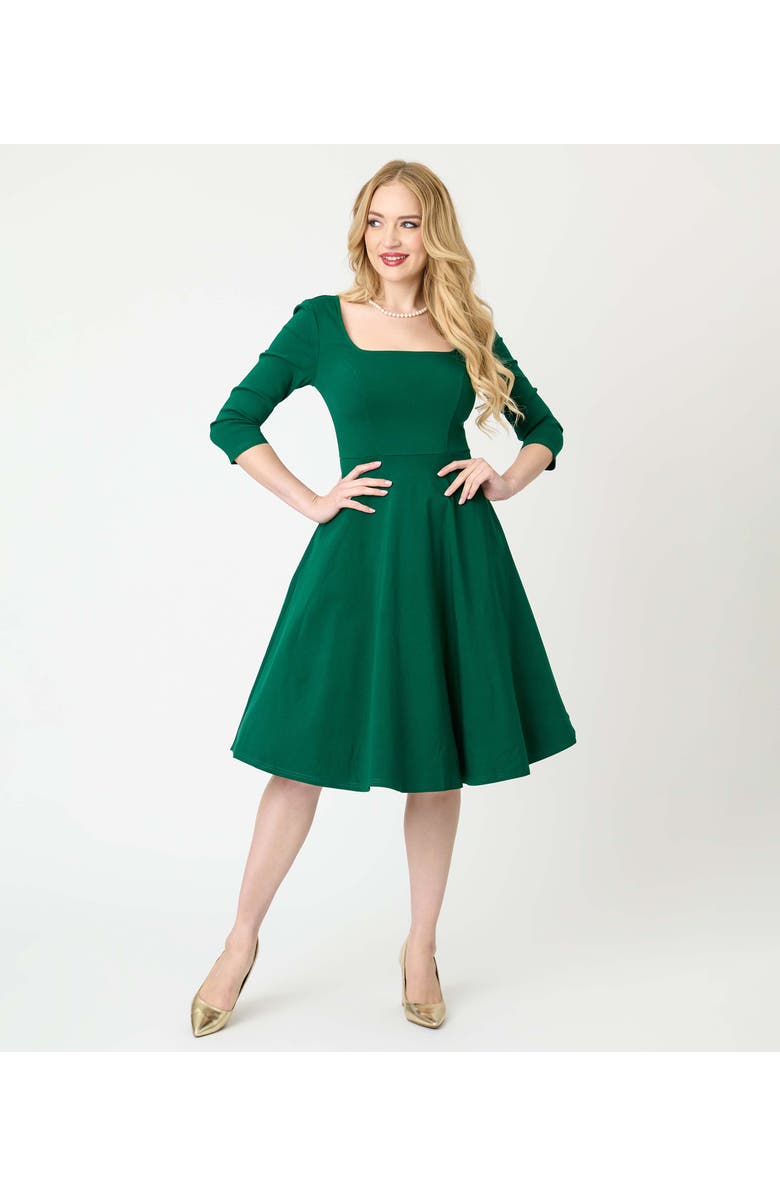Unique Vintage Square Neck Pleated Swing Dress, Alternate, color, Green Solid