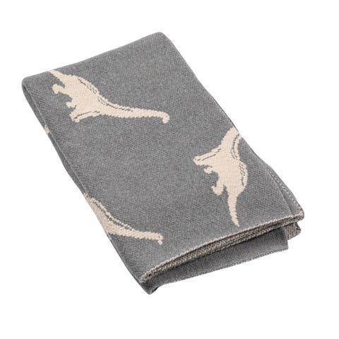 Cotton Knit Baby Blanket with Dinosaurs, Light Grey and Natural