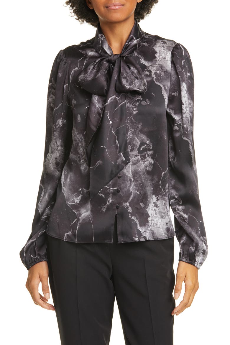 The Ellery Tie Neck Silk Charmeuse Blouse, Main, color, BLACK MARBLE
