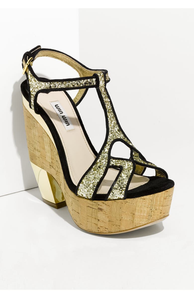Miu Miu Glitter Wedge Platform Sandal, Main, color,