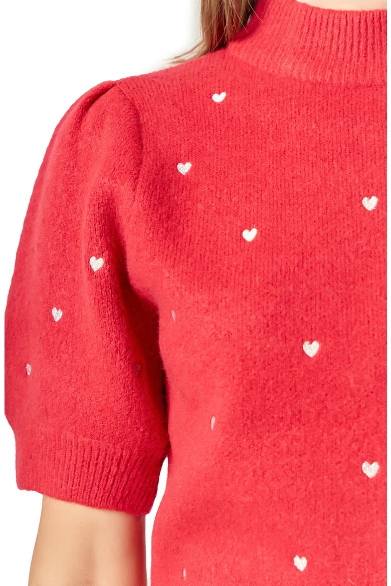 Heart Embroidered Puff Sleeve Sweater, Alternate, color, RED
