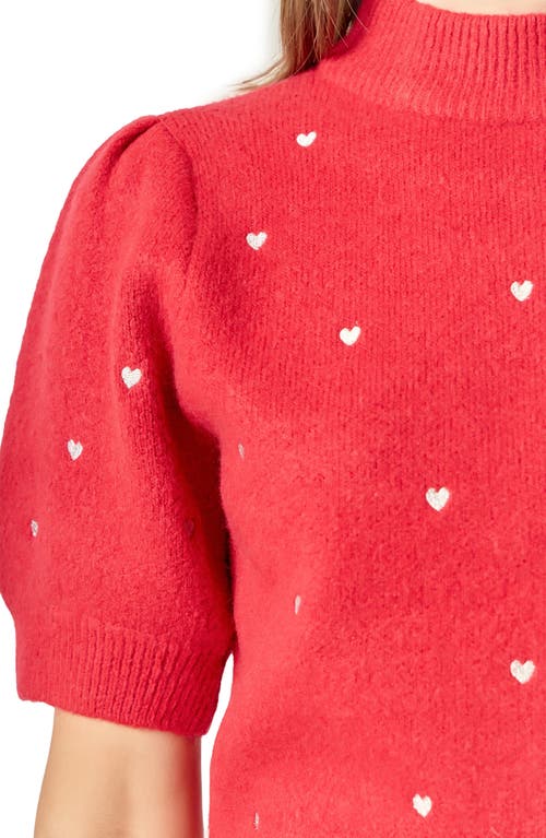 English Factory Heart Embroidered Puff Sleeve Sweater In Red