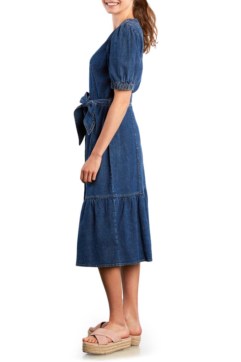 Ruffle Hem Tie Waist Denim Midi Dress, Alternate, color, DUSK BLUE