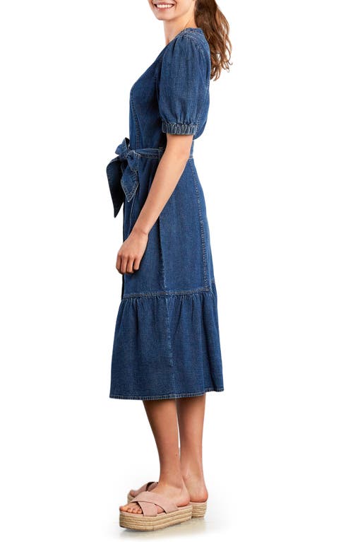 Wash Lab Denim Ruffle Hem Tie Waist Denim Midi Dress In Blue