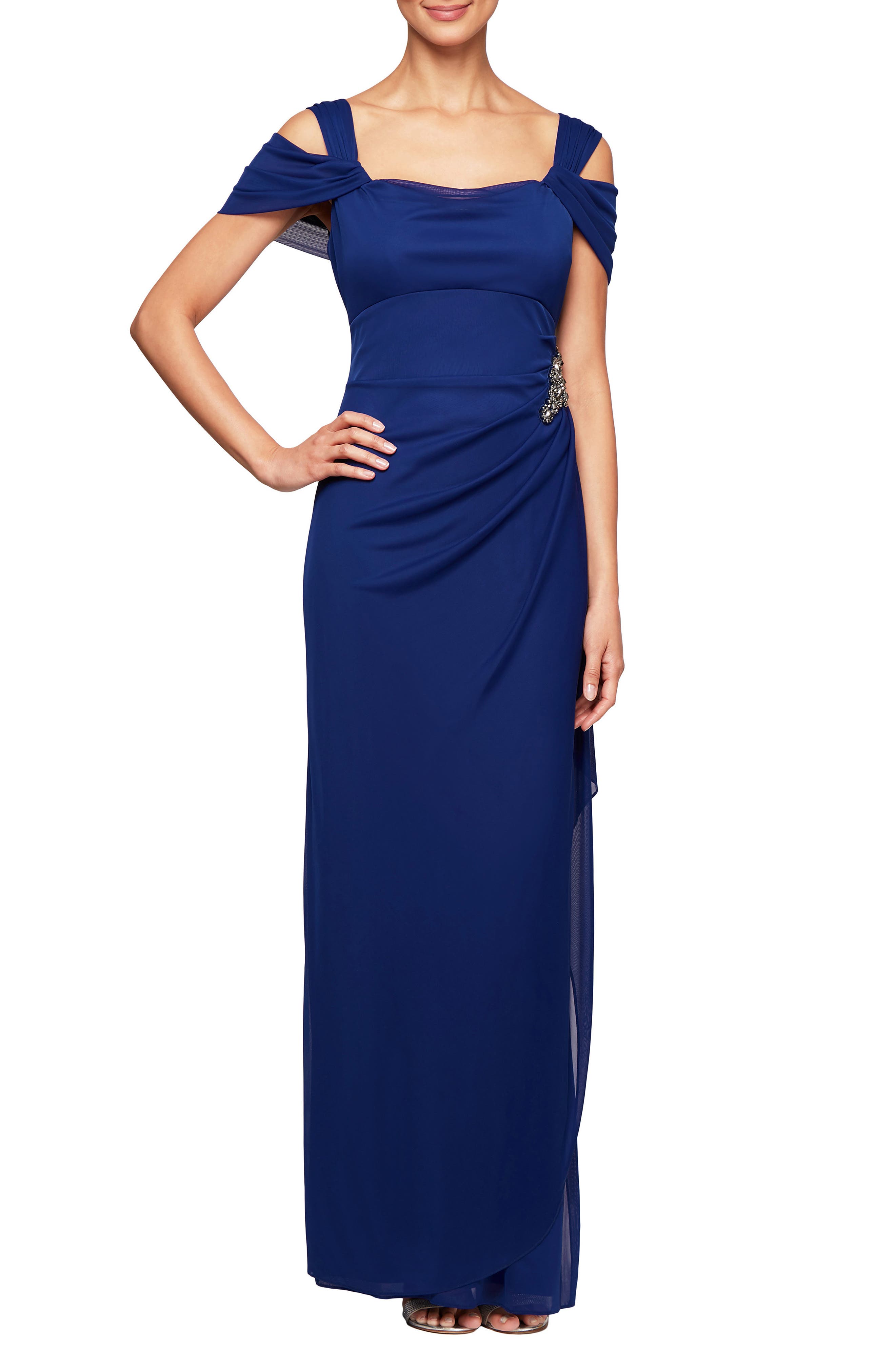Alex Evenings Embellished Cold Shoulder Column Evening Gown In Electric/ Blue