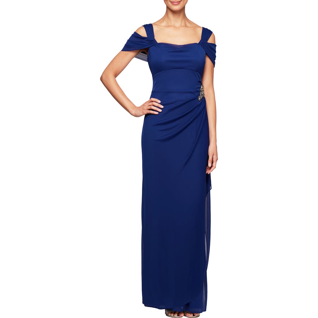 Alex Evenings Embellished Cold Shoulder Column Evening Gown In Electric/ Blue