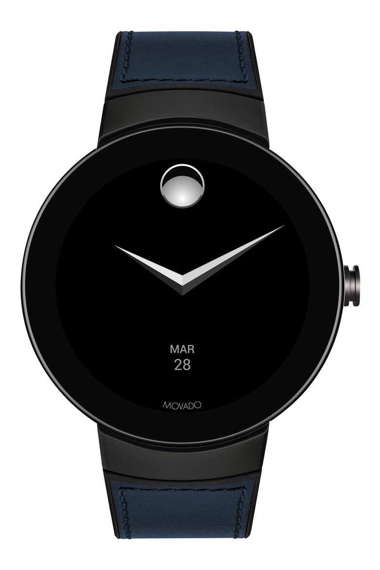Connect Silicone & Leather Strap Smart Watch, 44mm, Main, color, NAVY/ BLACK/ GUNMETAL