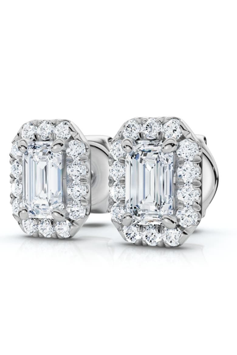3/4 Ct Emerald Moissanite & Lab Grown Diamond Halo Studs 14k Gold Earrings, Alternate, color, 14k White Gold