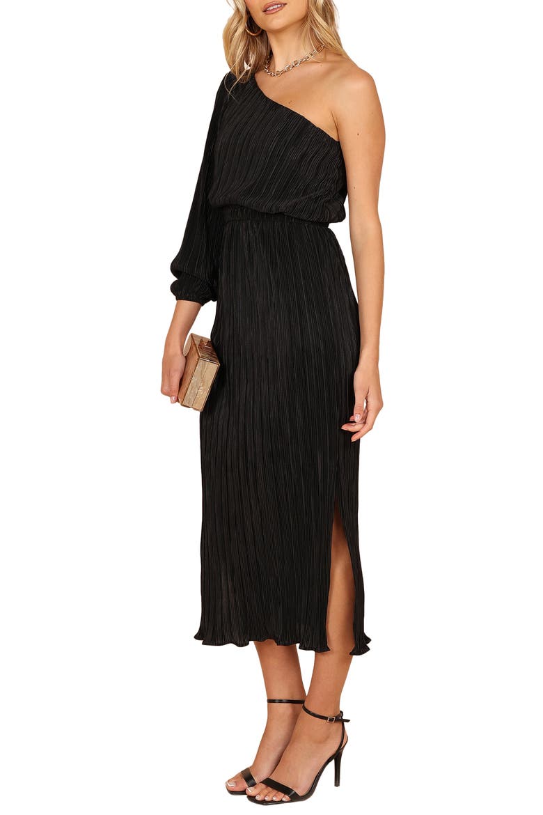 Pontee Plissé One-Shoulder Midi Dress, Alternate, color, BLACK