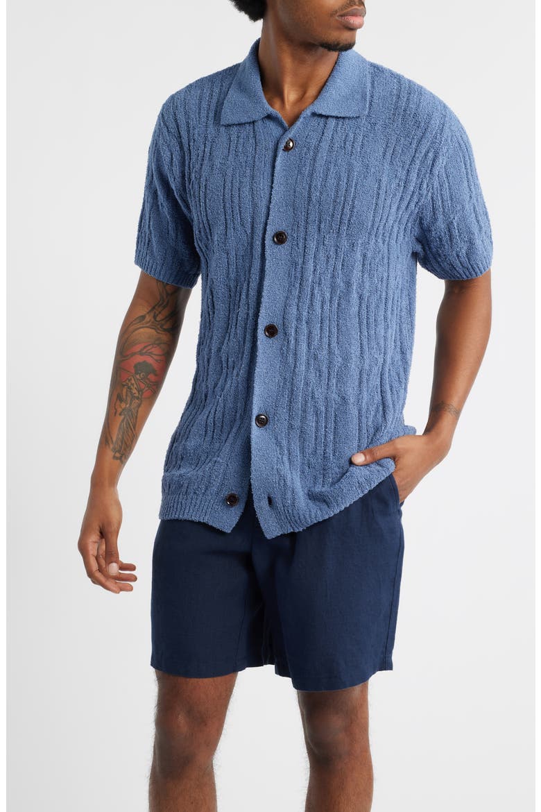 Zefi Salamanca Texture Knit Short Sleeve Button-Up Shirt, Main, color, BLUE