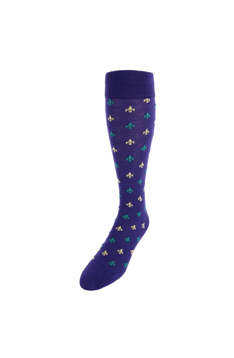 Trafalgar Atlas Fleur De Lis Over The Calf Fine Merino Wool Socks, Main, color, Purple/Green/Yolk Fleur Di Lis