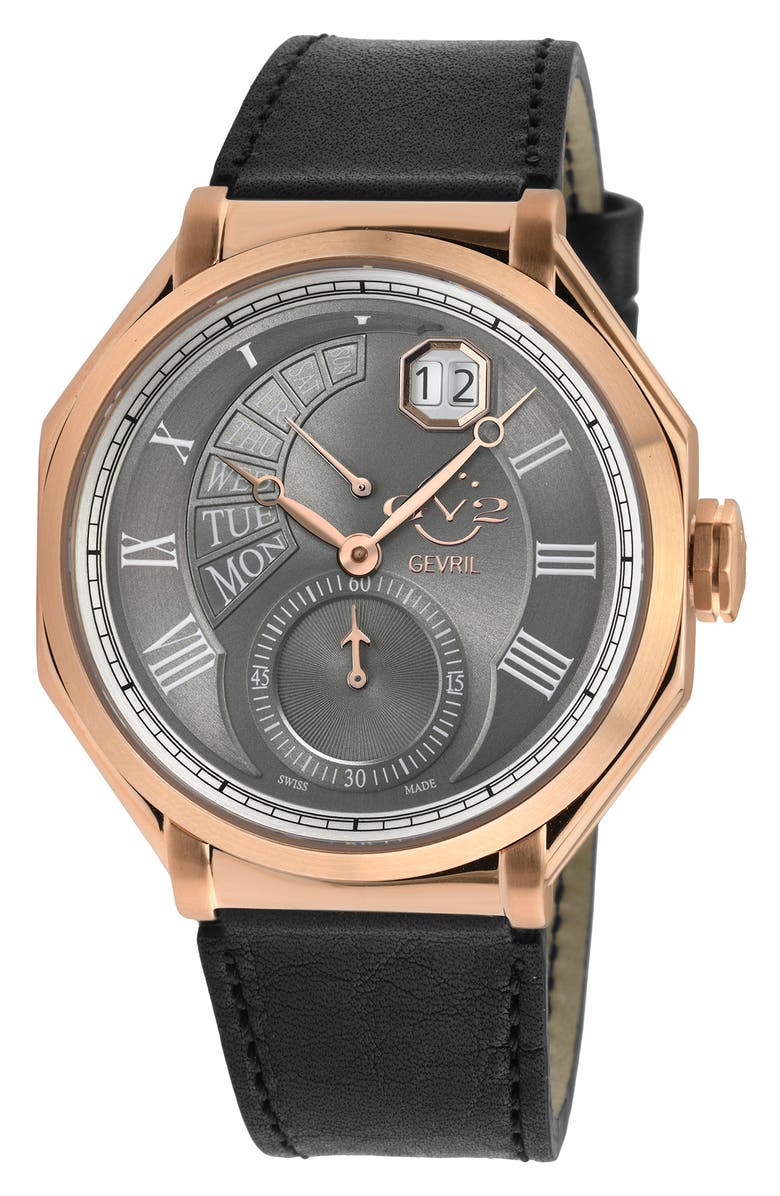 GEVRIL Men's Marchese Leather Strap Watch, 44mm, Main, color, Black