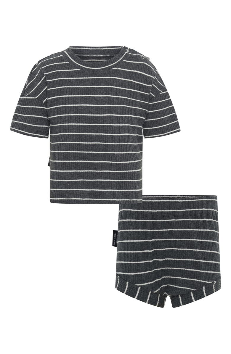 TINY TRIBE Stripe Cotton Rib T-Shirt & Shorts Set, Main, color, Charcoal