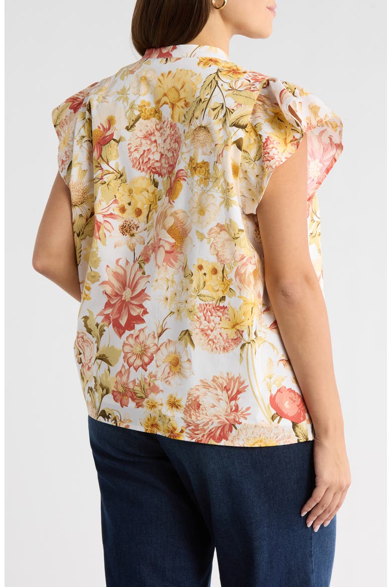 Zury Split Neck Flutter Sleeve Stretch Cotton Top, Alternate, color, CORAL-MULTI