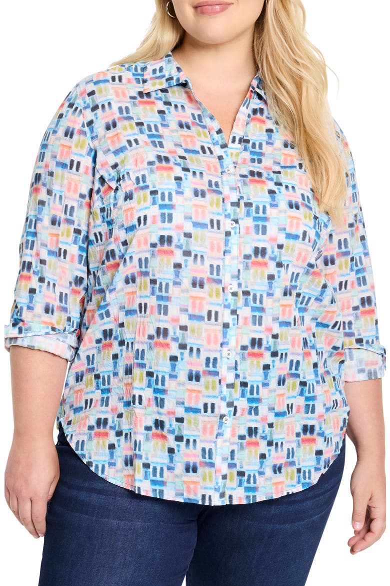 Portofino Geo Print Cotton Boyfriend Shirt, Main, color, BLUE MULTI