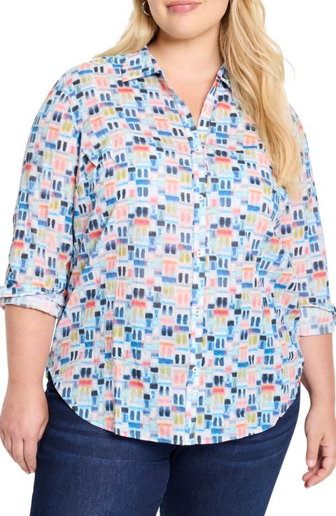 Portofino Geo Print Cotton Boyfriend Shirt (Plus)