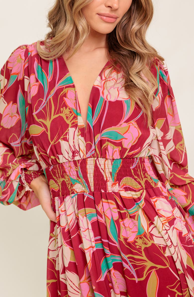 FLYING TOMATO Floral Long Sleeve Maxi Dress, Alternate, color, Berry