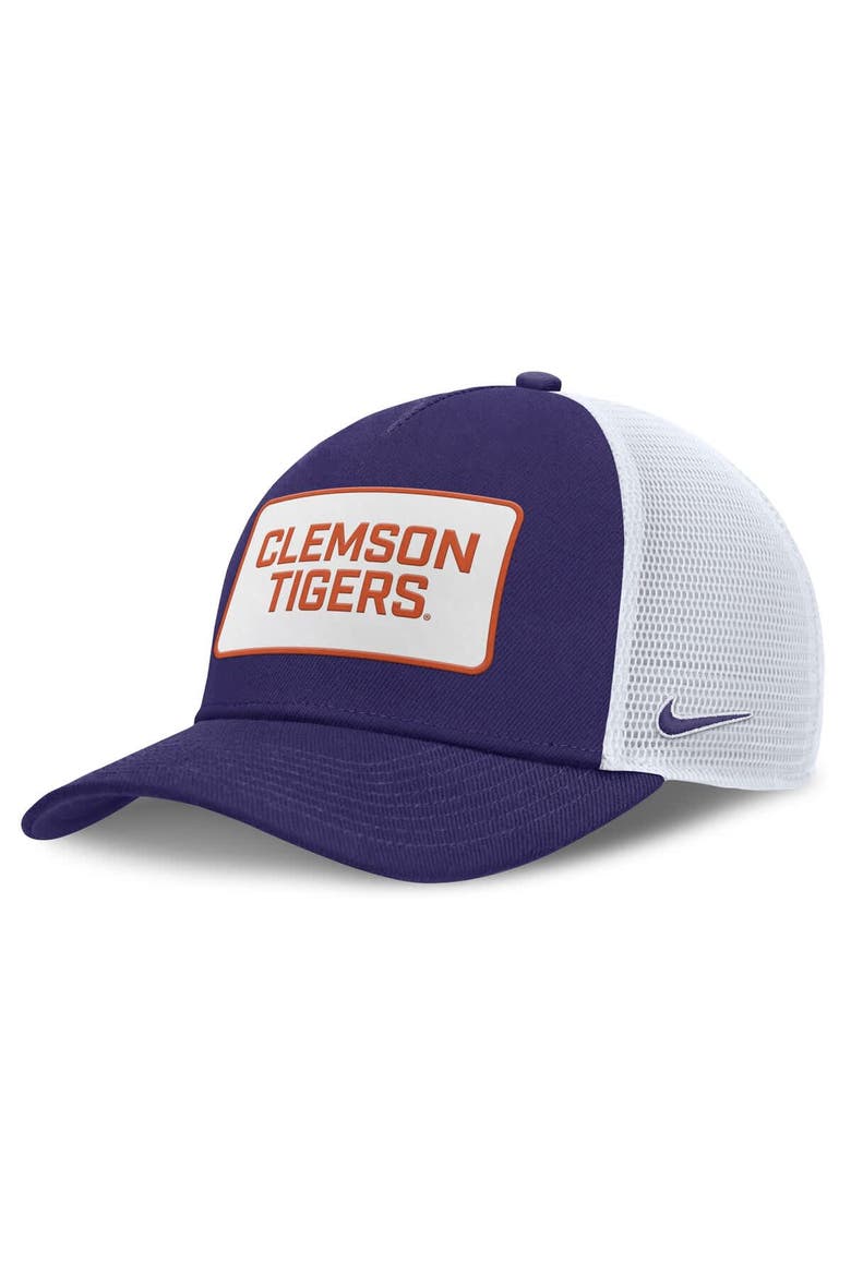 Men's Nike Purple/White Clemson Tigers 2025 On-Field Rise Patch Trucker Adjustable Hat, Main, color, Purple