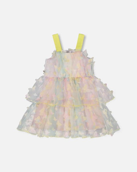 Girl's Tiered Printed Mesh Dress Multicolored With Butterflies