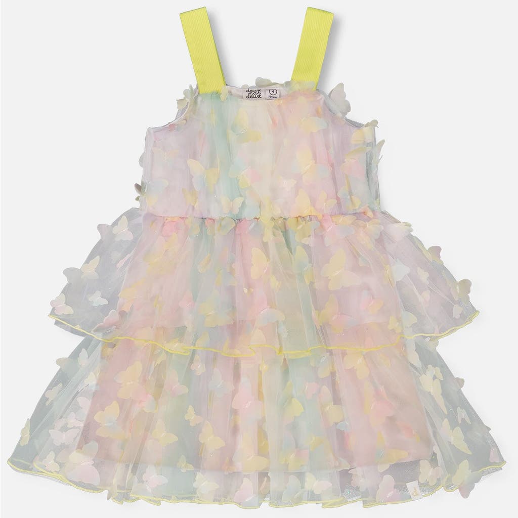 Deux Par Deux Girl's Tiered Printed Mesh Dress Multicolored With Butterflies In Multicolored With Butterflies