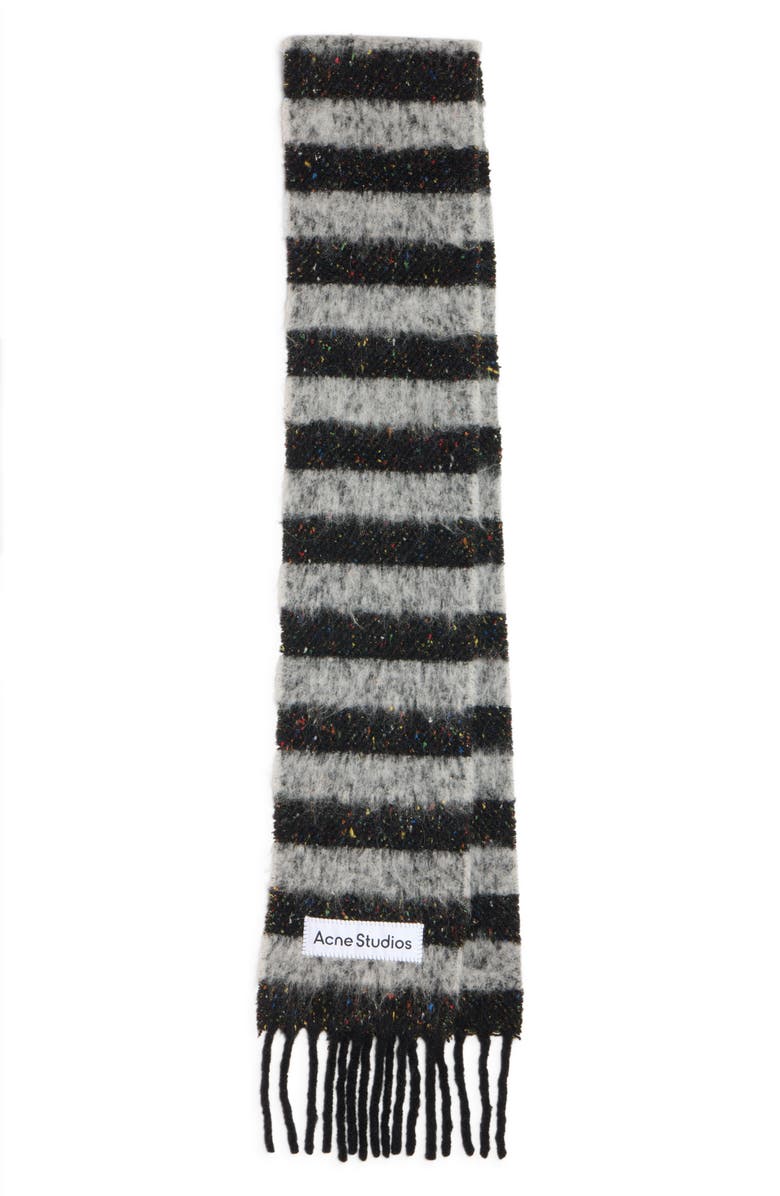 Acne Studios Vonkey Stripe Alpaca, Wool & Silk Blend Fringe Scarf, Main, color, Black/Grey