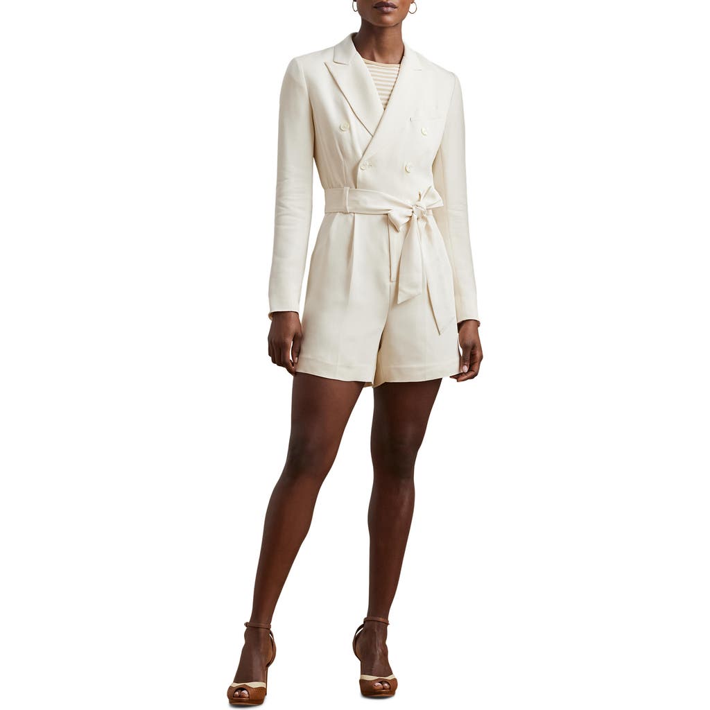 Shop Ralph Lauren Lauren Belted Long Sleeve Double Breasted Romper In Mascarpone Cream