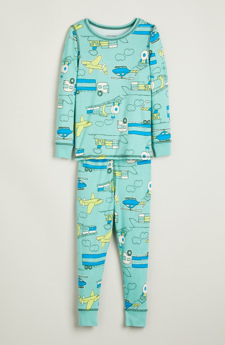Nordstrom Kids' Glow in the Dark Fitted Two-Piece Pajamas, Main, color, Green Passport Travel