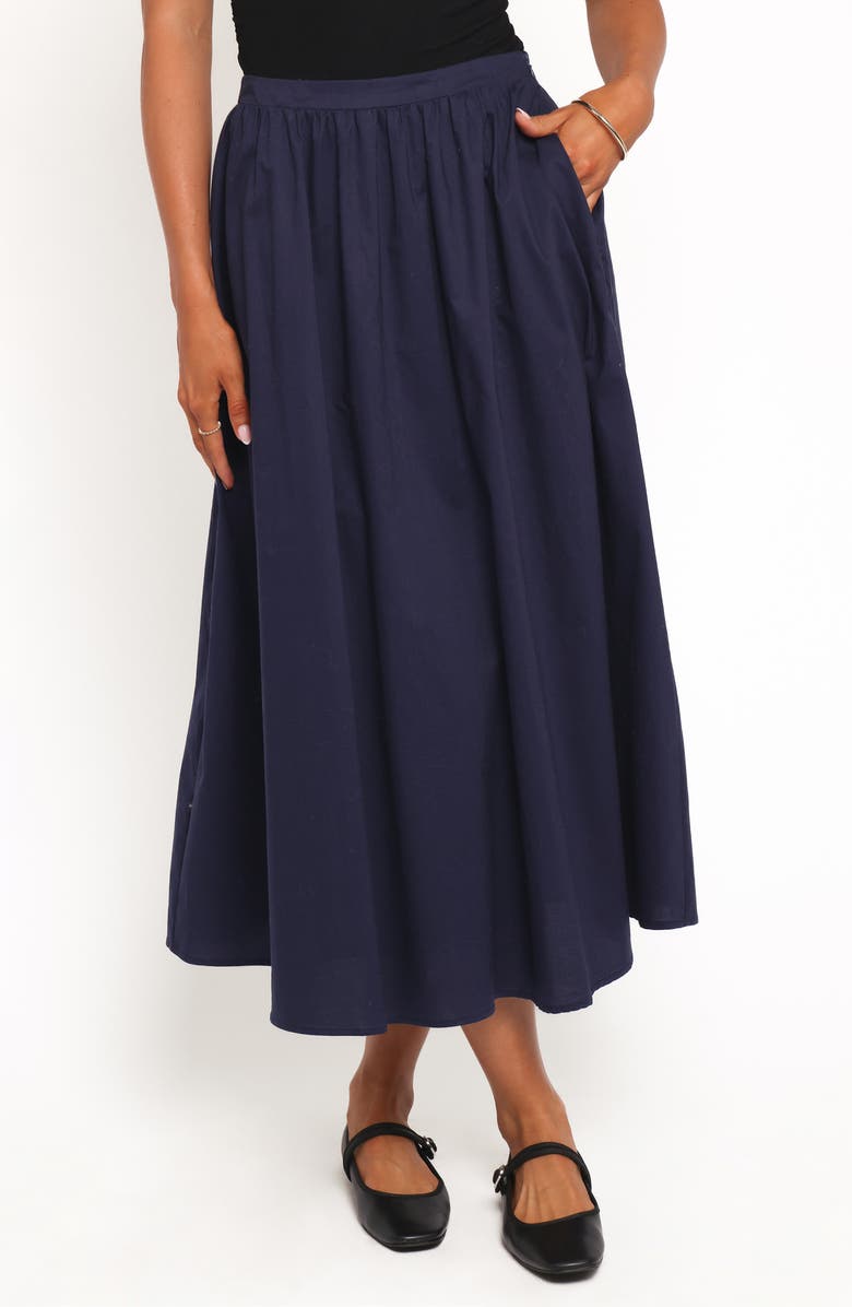 Petal & Pup Oakley Pleated Midi Skirt, Main, color, Navy